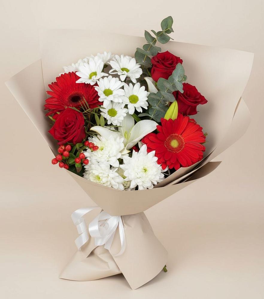 Букет цветов из: Розы, Хризантемы, Герберы и Лилии в Прохладном