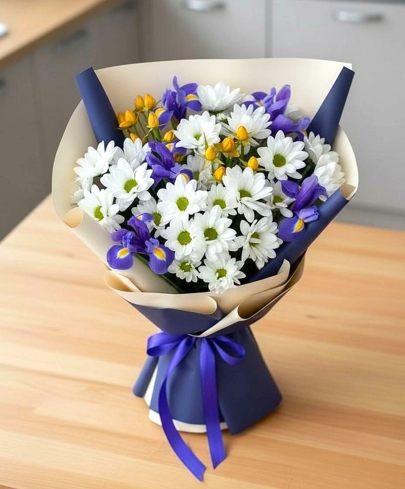 Букет цветов из: Розы, Ирисы и Хризантемы в Прохладном